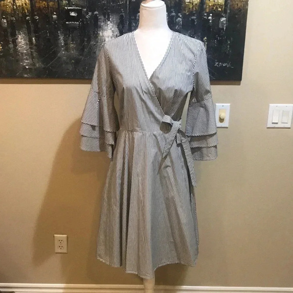 Calvin Klein Striped Wrap Midi Dress with Layered Bell Sleeves-Size 4 - Picture 1 of 11